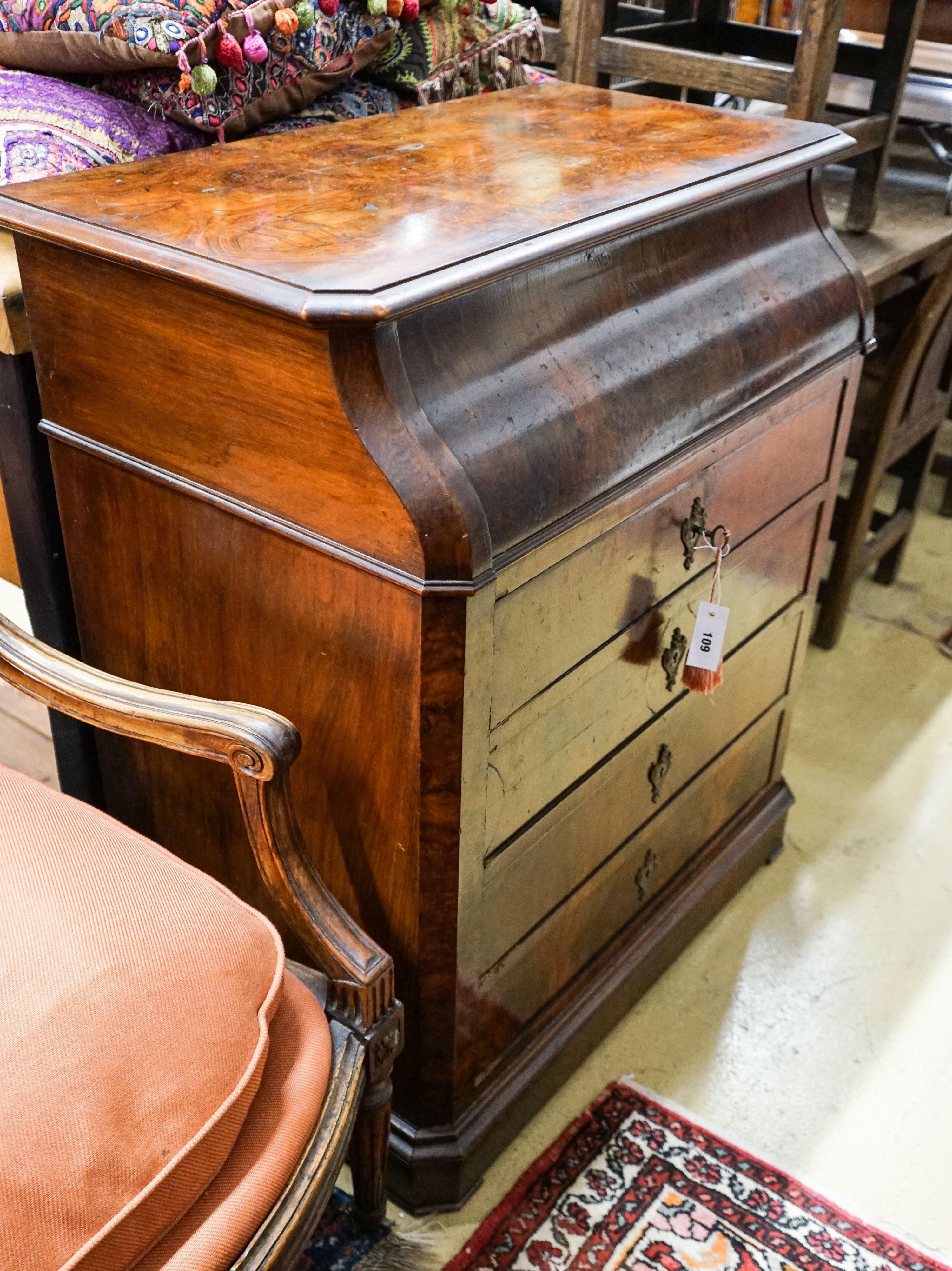 A 19th century French figured walnut washstand with marble lined interior, width 87cm, depth 50cm, height 99cm